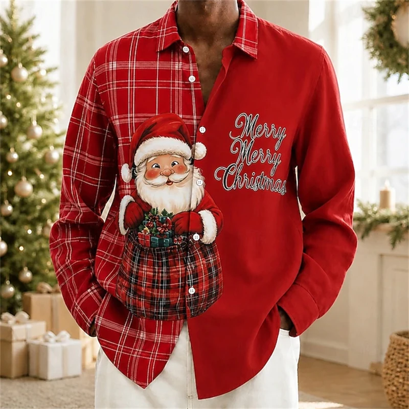 Men’s Long-Sleeve Christmas Shirt Black Red Plaid Patchwork with Santa Claus Print Button-Down Collar Festive Party-Themed Top