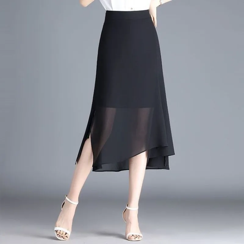 

Women's Skirt Chiffon with Slit Black High Waist Female Skirts Midi Streetwear Harajuku Aesthetic New in 2025 Trend Quality V
