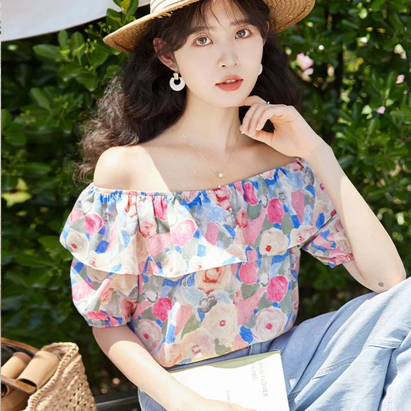 French Style One Shoulder Bubble Sleeve Floral Chiffon Shirt for Women\'s 2024 Summer New Loose Slimming Casual Trendy Chic Top