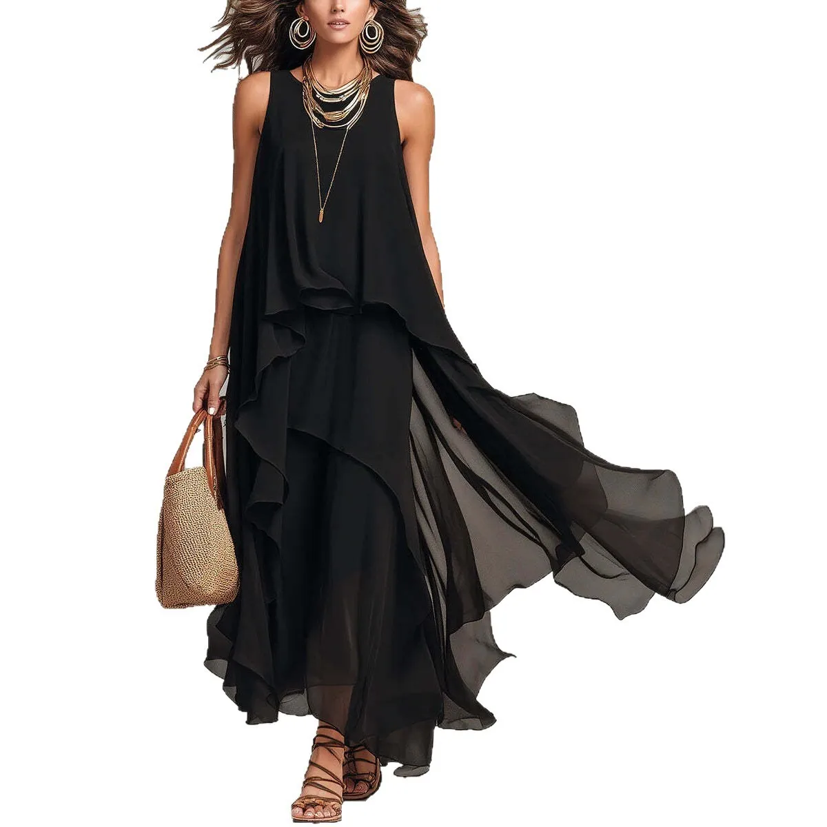 Summer Woman Dress Elegant Party Chiffon Sleeveless Dresses Women's Summer Ruffle Layered Maxi Dress Black Asymmetrical Hem Gown view 5