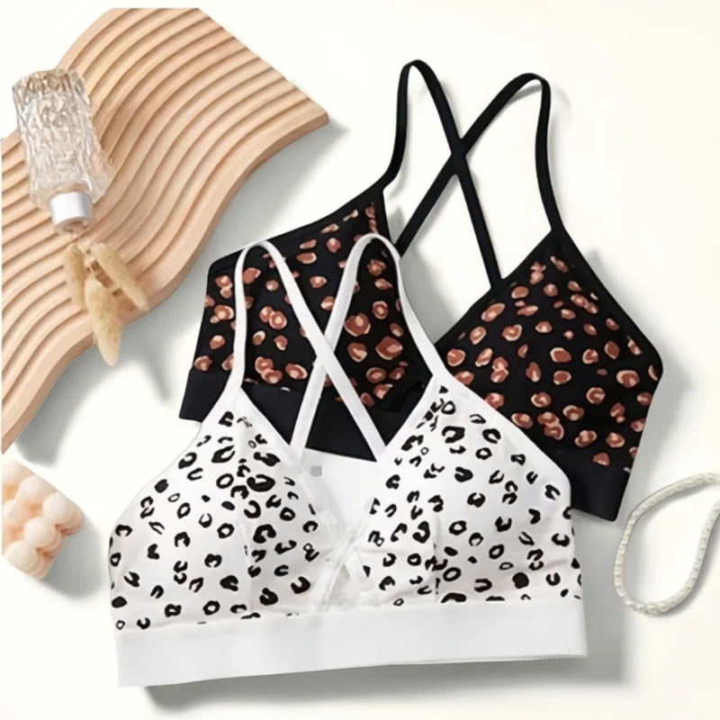 Women Wire Free Removable Pad Bralette Fixed Criss Cross Back Strap Leopard Print Bra Everyday Layering Intimates Lingerie