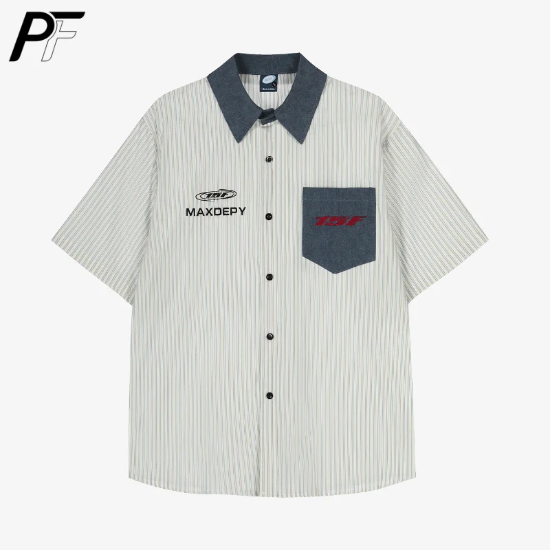 

Винтажная полосатая рубашка с контрастным воротником, коротким рукавом, джинсовым карманом, вышивкой, свободного кроя, в стиле ретро, уличная повседневная одежда, на пуговицах