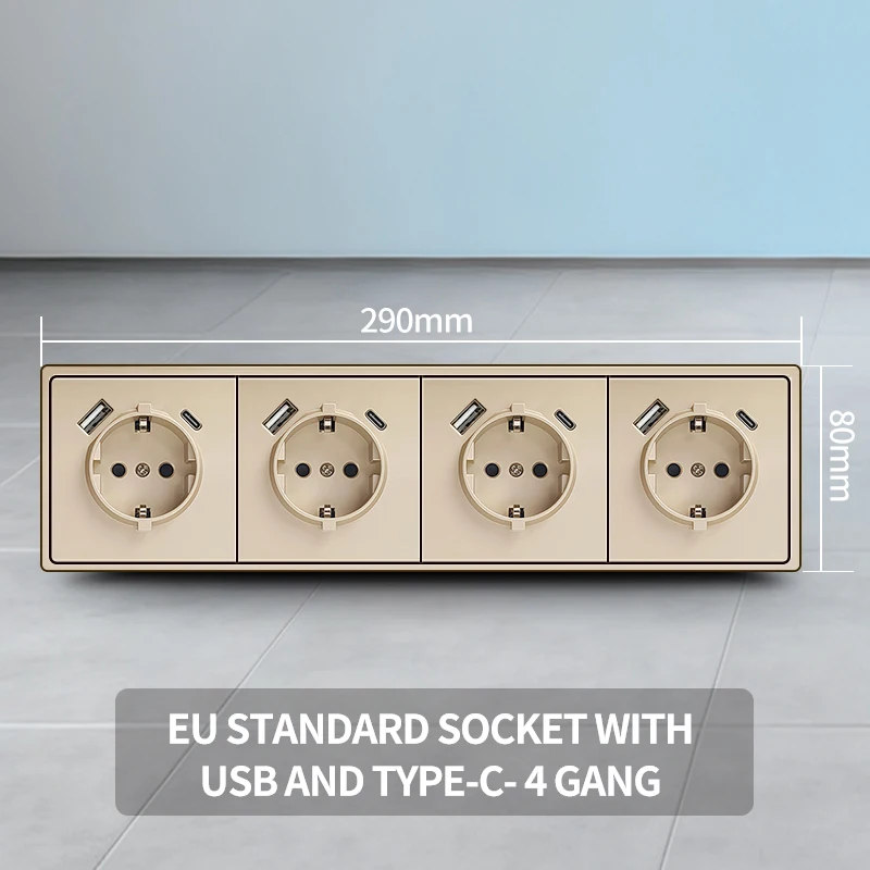2 USB Type-C snel opladen EU Schuko stopcontact, 80x80mm modern design 16A 250V h 1 tot 5-voudig stopcontact voor thuiskantoor