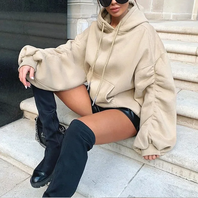 Women Casual Loose Hooded Sweatshirt Harajuku Ruched Long Sleeve Autumn Winter Loose Drawstring Warm Cotton Hoodies Streetwear
