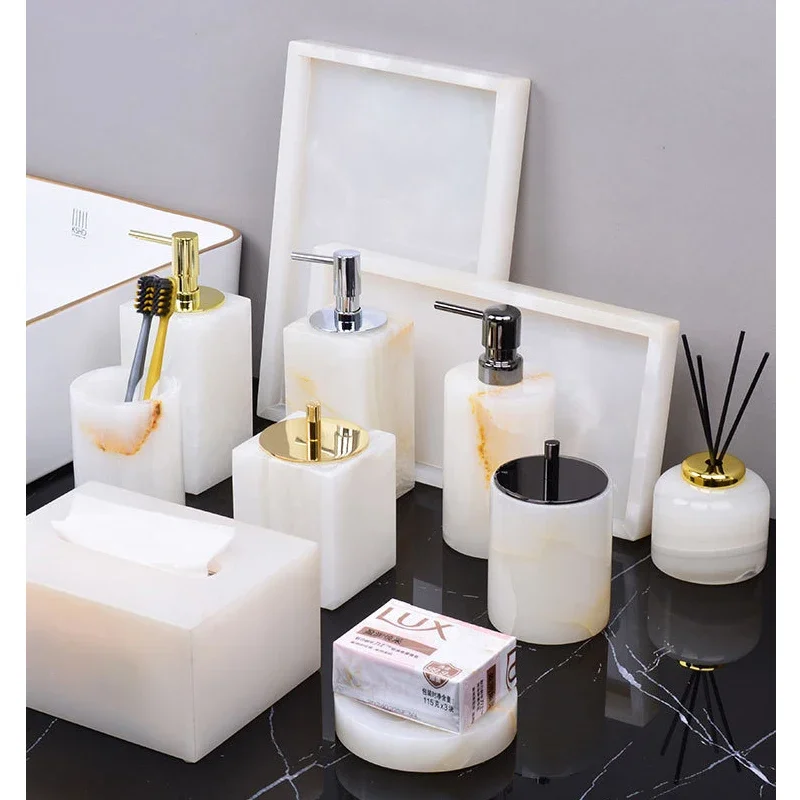 

White Onyx Natural Marble Bathroom Accessories Set Minimalist Soap Dispenser Cotton Swabs Container Bathroom Set