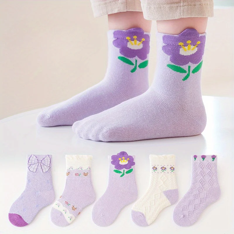 5 Pairs Cute Purple Floral Kids Socks Sweet Bow Flower Pattern Soft Cotton Girls Mid‑Calf Socks