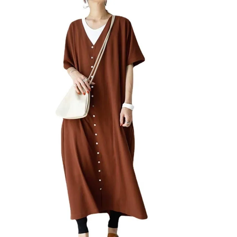 Robe ample à manches courtes et col en v, chemise 3 couleurs, jupe longue, commerce extérieur, nouveau produit d'été japonais, Amazon