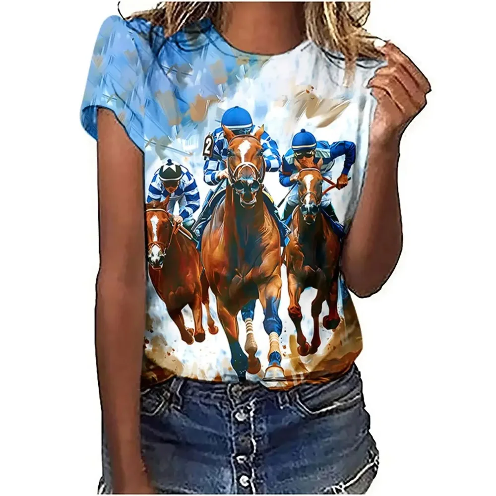 Women's T-Shirts Horse Racing Graphic 3D Printed New O-Neck Short Sleeve T Shirt Y2k Harajuku Tees Tops Female Pullover Clothing
