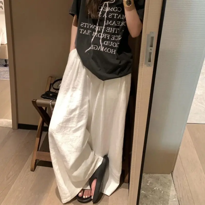 QWEEK Oversized Casual Linen Pants Woman Korean Style Baggy Wide Leg Basic Trouser Harajuku High Waist Summer Vintage Fashion