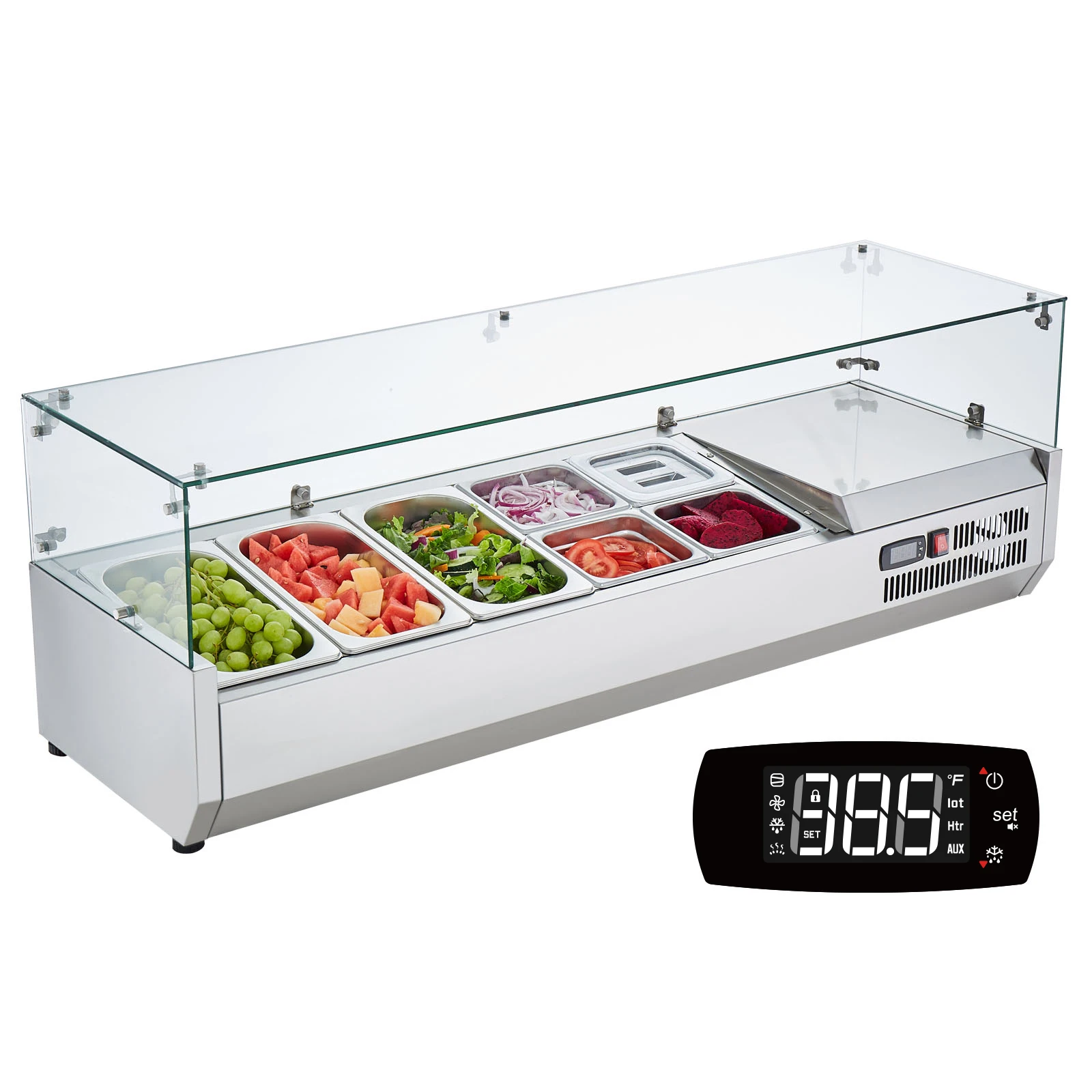 VEVOR 140W Refrigerated Countertop Condiment Prep Station,w/3 1/3 Pans & 4 1/6 Pans,304 Stainless Body and PC Lid for Restaurant