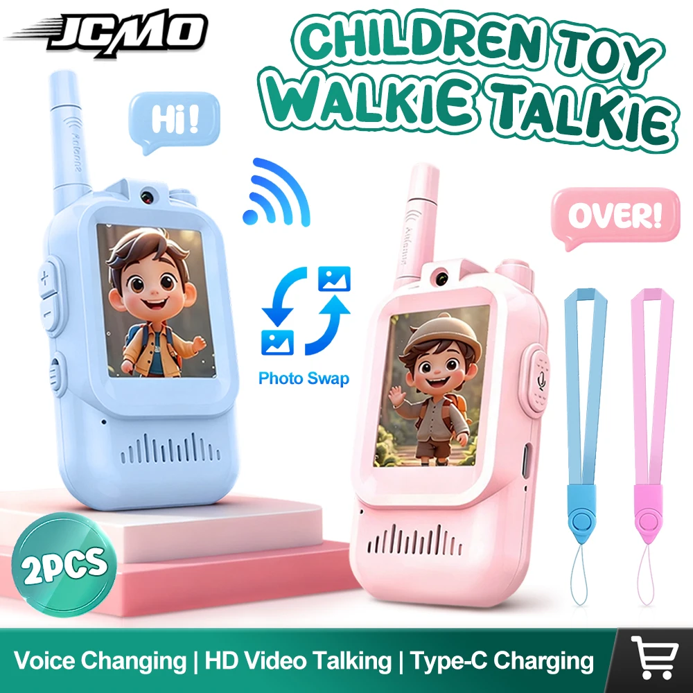 Jcmo vídeo walkie talkies para crianças 2 pacote engraçado mudança de voz brinquedos recarregáveis para acampamento interno viagem presentes de aniversário para crianças