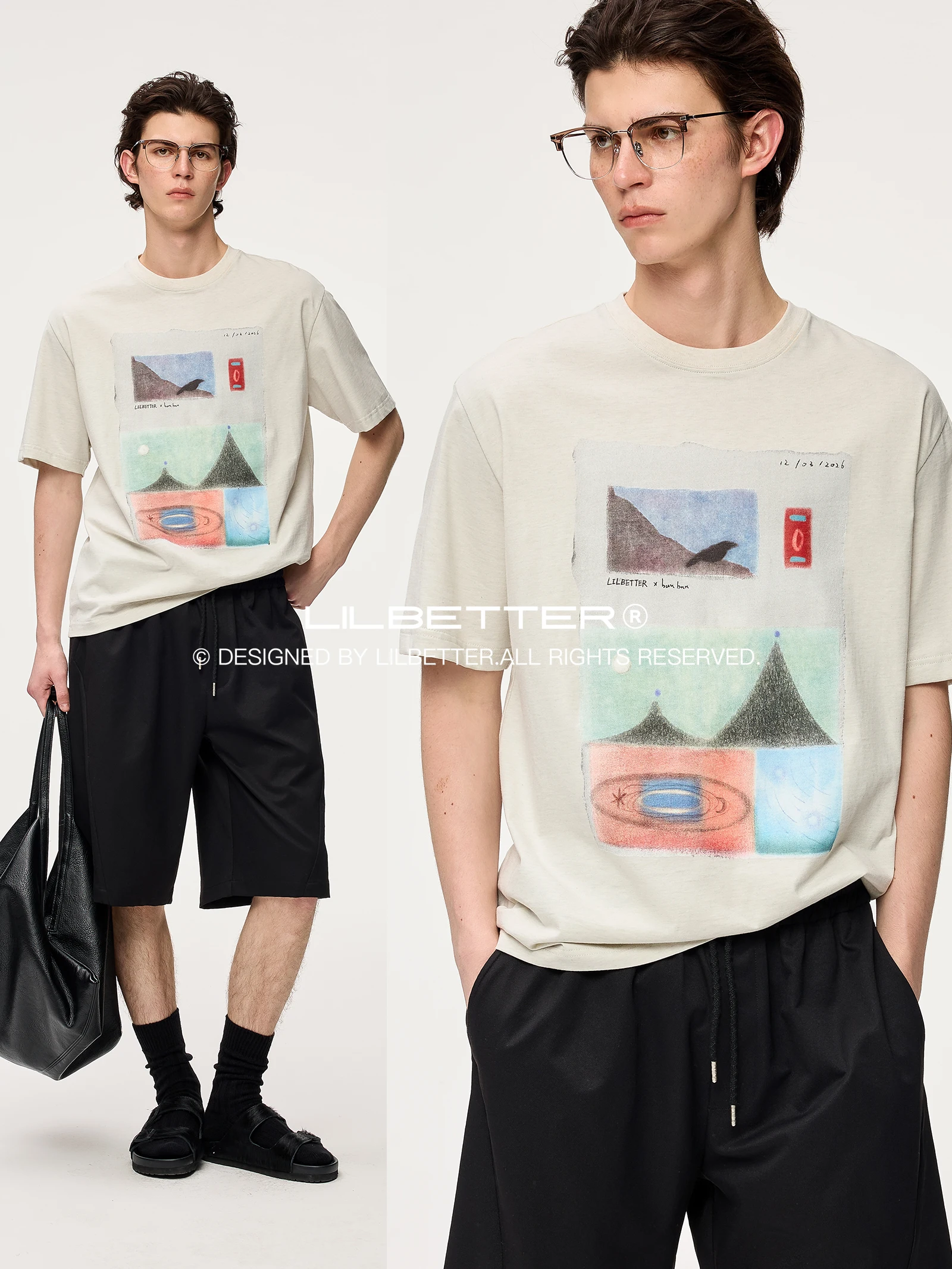 Lilbetter Hand-Drawn Illustration Print T-Shirt Retro Patchwork Cotton Short Sleeve Loose Fit Fashion Urban Style Animal Pattern