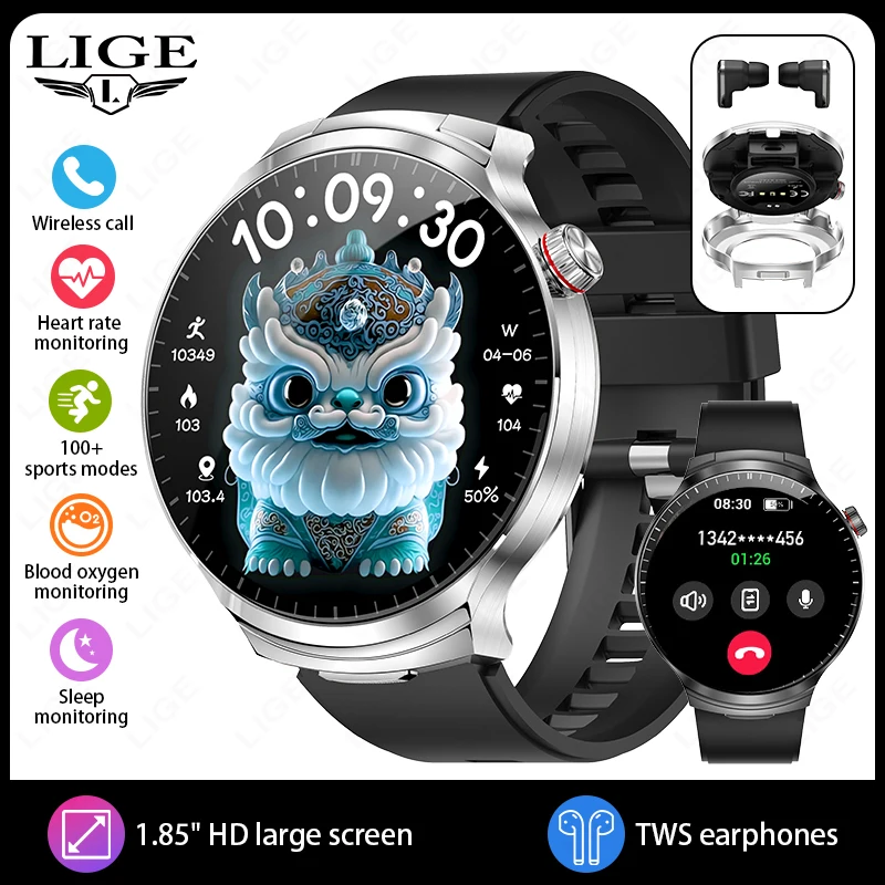 LIGE 2026 Smart Watch 2 in 1 mit Kopfhörer Smartwatch Bluetooth Anruf Männer Uhr AI Stimme Herzfrequenzmesser Musik spielen SmartWatch 6