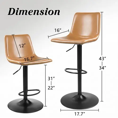 Adjustable Crazy Horse PU Leather Swivel Bar Stools Set of 4 | Modern 350LBS Counter Height Barstools with Ergonomic view 3