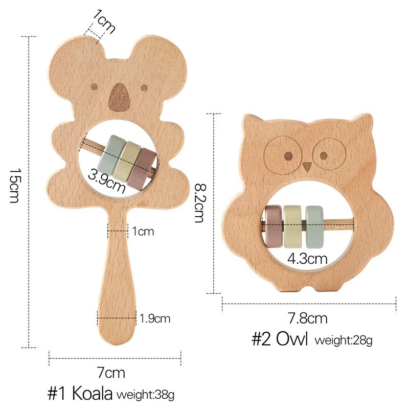 Baby Wooden Koala Hand Rattles Teether Toys Wooden Ring Montessori Toys Owl Shape Musical Rattle for Baby Gifts Teething Toys