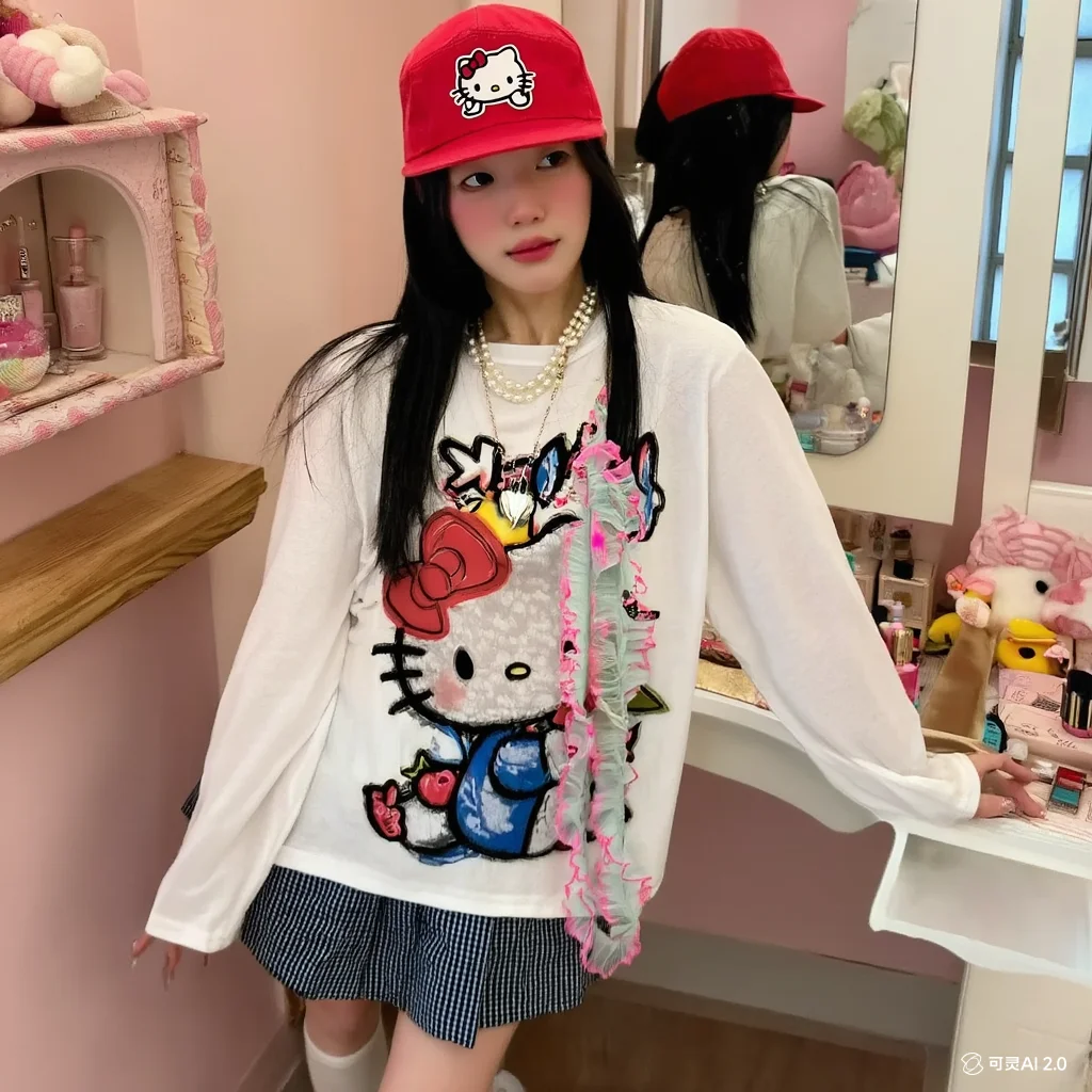 Kawaii Koreanische Version Lose Frühling Herbst Look Dünner Hallo Kittys Lose Druck Lange Ärmel T-Shirt Frische Süße Nette Mädchen