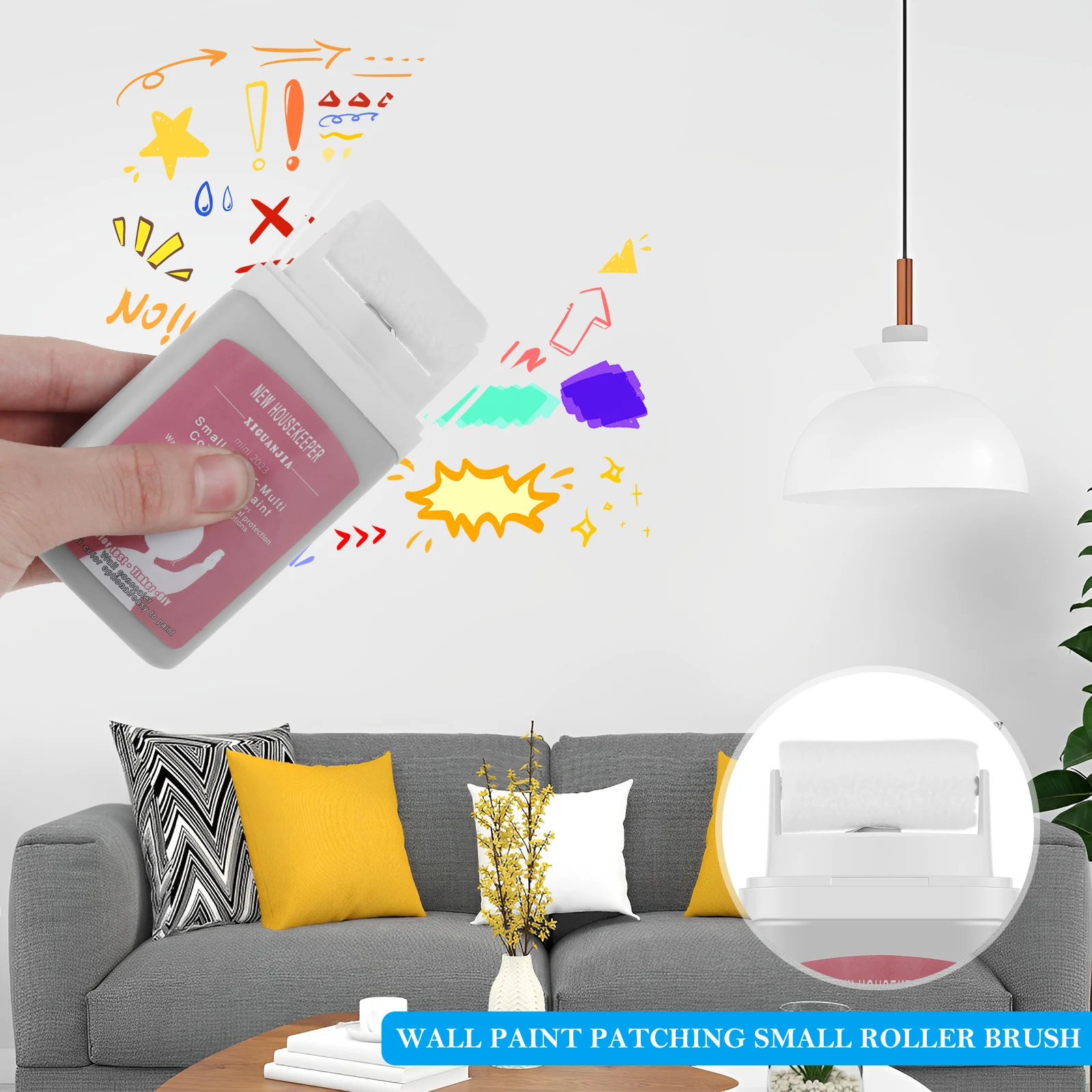 Rouleau de pâte de réparation murale, petit rouleau, brosse de patch mural, 3 papiers de verre, 1 grattoir pour la réparation de bricolage, peinture au latex, 3 pièces
