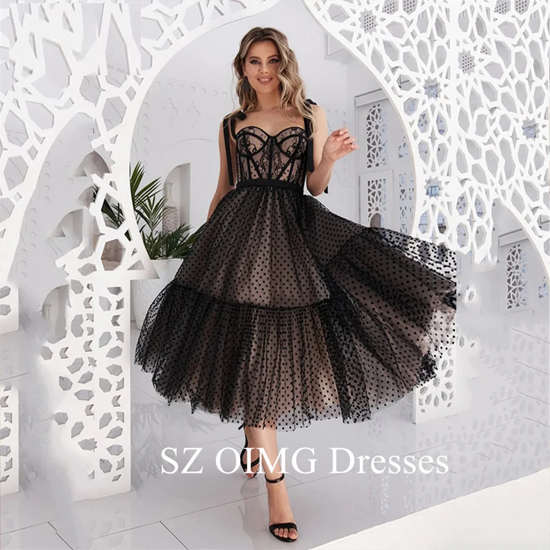 

OIMG Black Polka Dots Prom Dress For Women Tulle Open Back Bow Straps Lace Sweetheart A Line Evening Party Dresses Tea Length