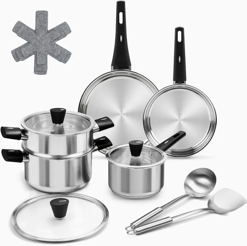 Stainless Steel Cookware Set, 14-Piece Pots and Pans Set, Kitchen Cooking Pan Set with Stay-Cool Handle, Non Toxic, Dishwasher S