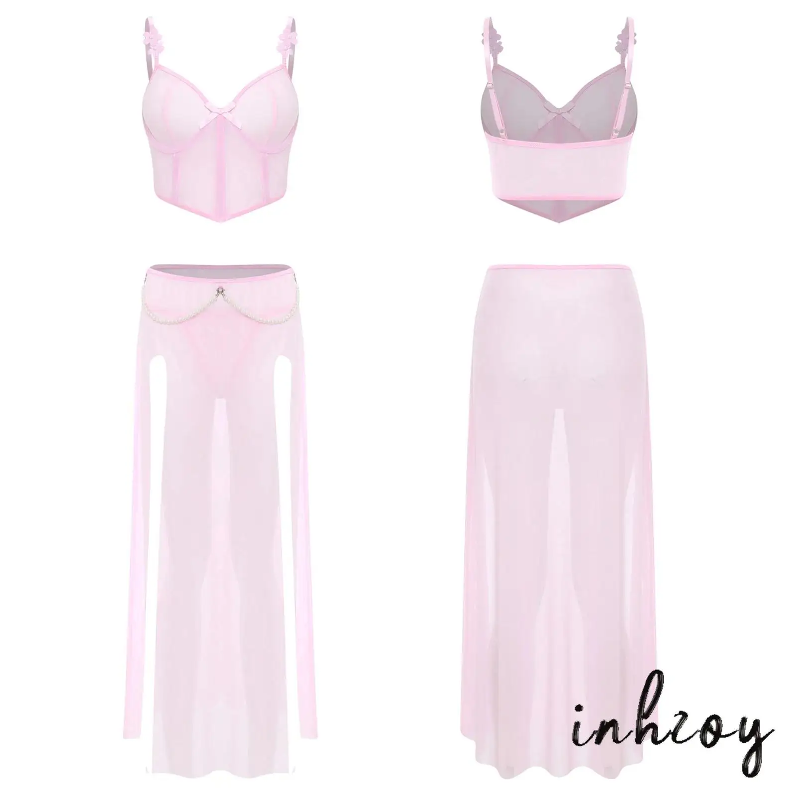 

Sexy Womens See Through Mesh Lingerie Set Unlined Underwire Bra Corset with Thong Split Maxi Skirt Nightwear Set for Date Night