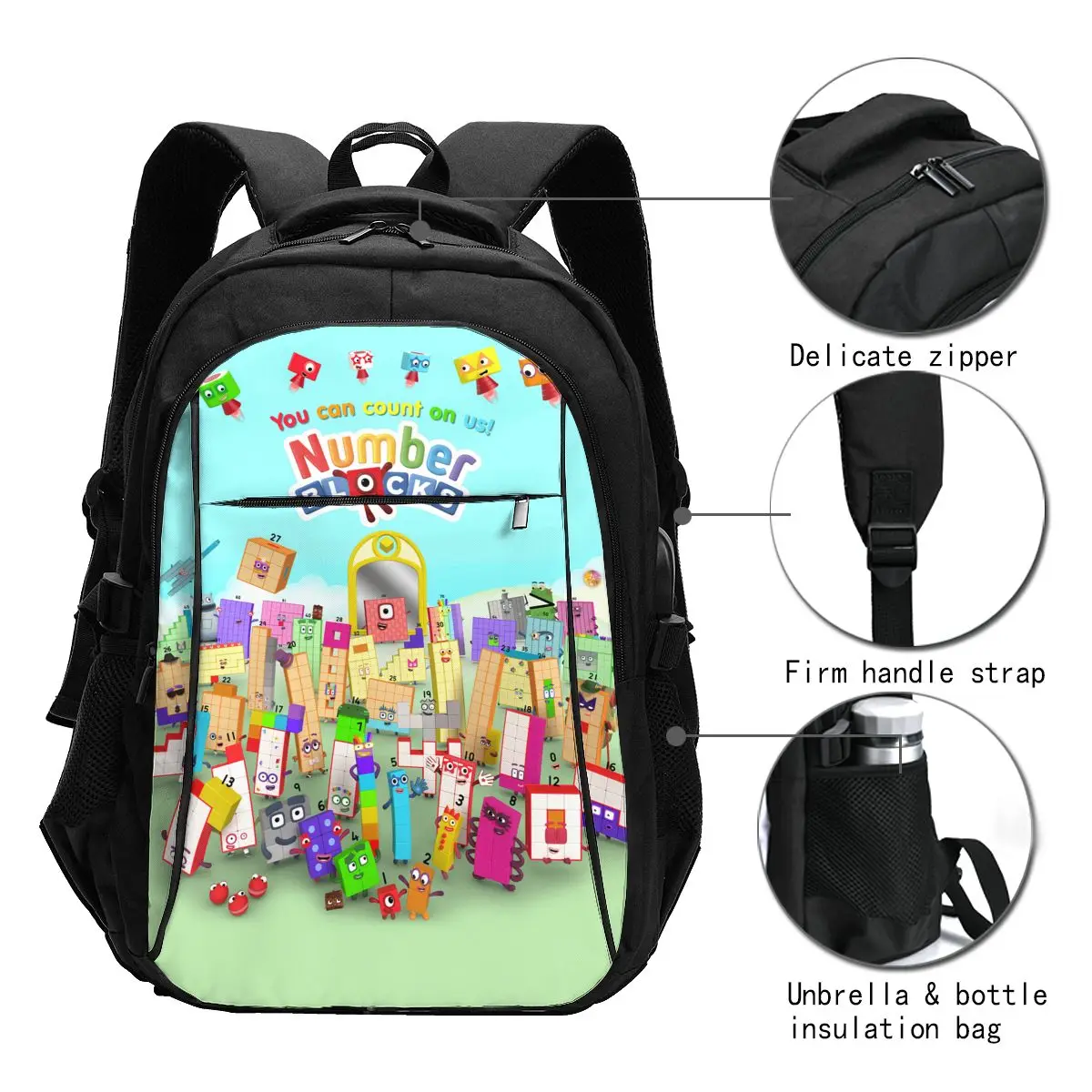 Cartoon Number-Blocks Travel Laptop Backpack, Business Water Resistant Laptop Backpack with USB Charging Port, College Bag