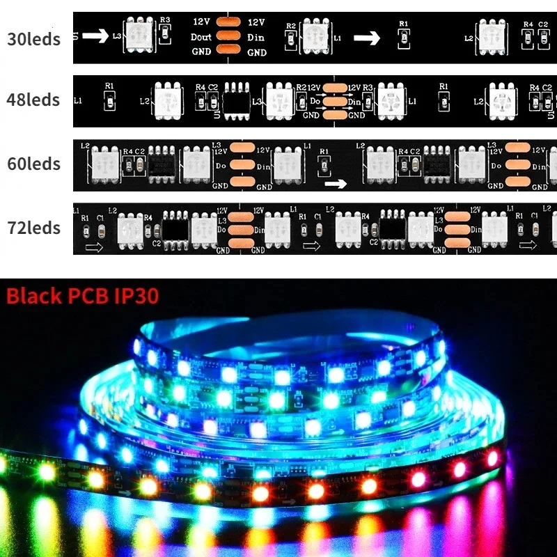 Ws2811 rgb tira de luz led, 5m, 5050smd, 30/48/60/72leds/m, controle 1ic externo, 3 endereçáveis, dc12v