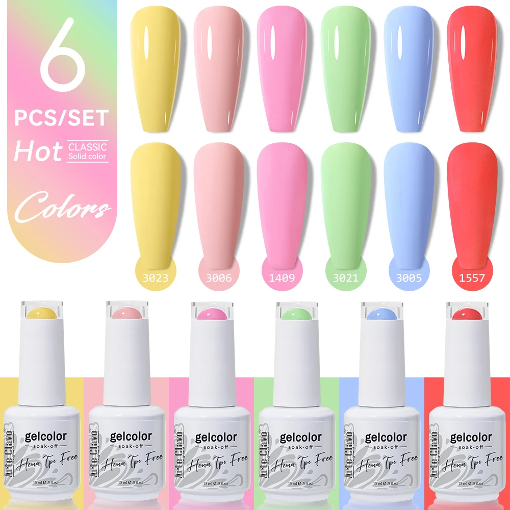 

Набор гель-лаков Arte Clavo 15 мл, 6 шт., без HEMA и TPO, смываемый, для УФ/LED-ламп, стойкий гель-лак для маникюра, для салонов красоты