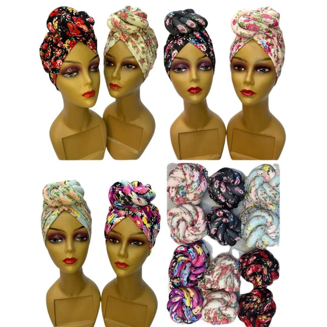 

Women Flower Printing Turban Modal Cotton Turban Hat Headband Turbante Headwear for Chemo Hijab Hair Accessories 12pcs/pack