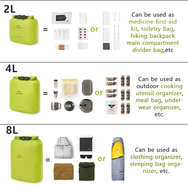 Naturehike 2L 4L 8L Wasserdichter Trockensack Nylon Camping Schwimmen Rafting Kajak Tasche Geschäftsreise Aufbewahrungstasche – Detail 8