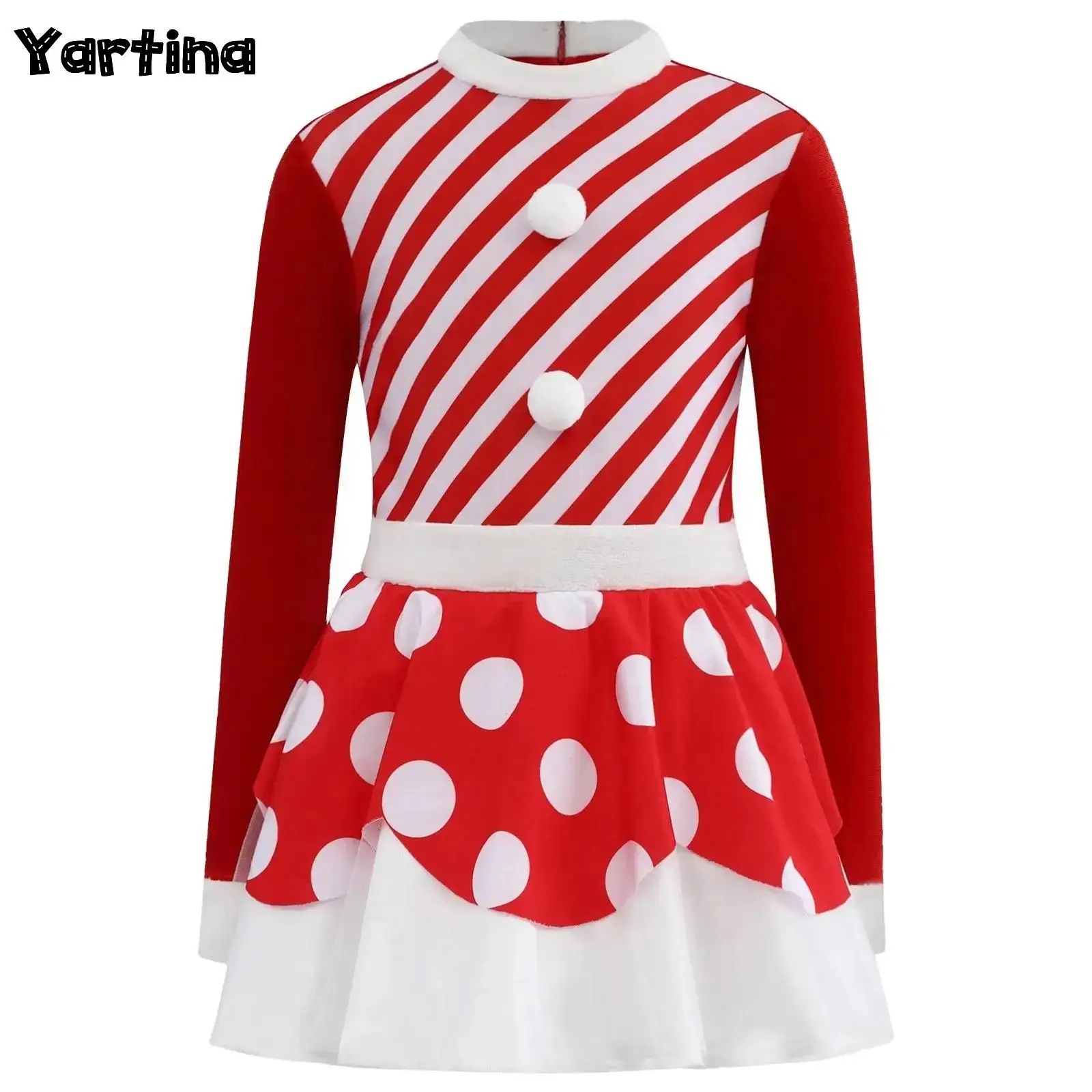 

Girls Candy Cane Striped Santa Dress Long Sleeve Pompom Back Invisible Zipper Christmas Ballet Tutu Dress with Built-In Briefs