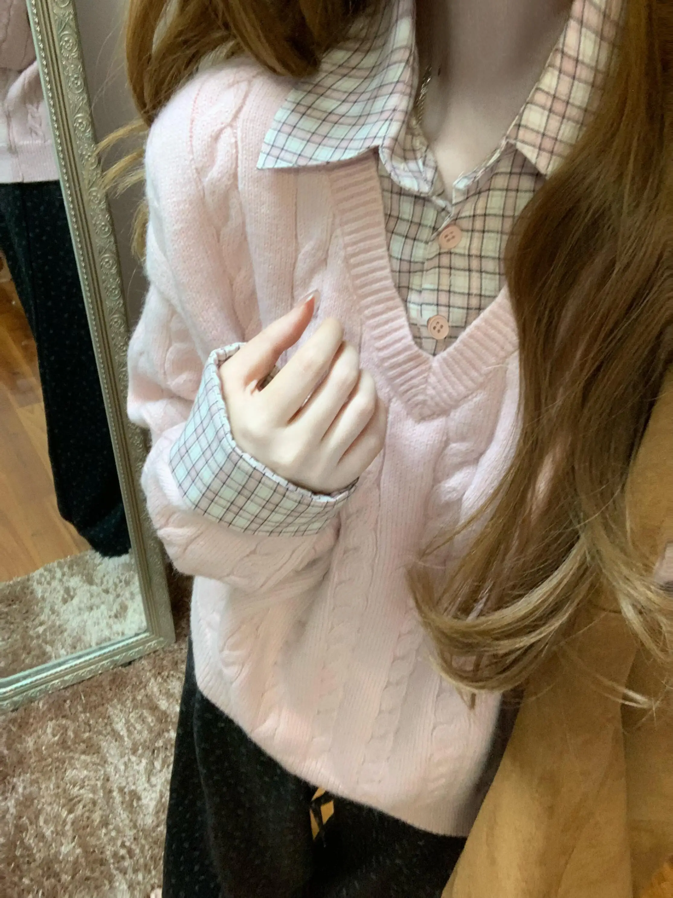 

Корейский свитер-худи в стиле пэчворк для женщин, свободный крой, мягкий, осенне-зимний, с дизайнерским эффектом, имитация двухслойного платья