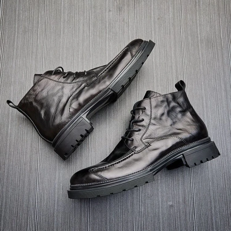Men High Top Motorcycle Boots Retro Thick Sole Side Zip Casual Comfort Lace Up Non-Slip Business Formal Shoes Botas Masculino