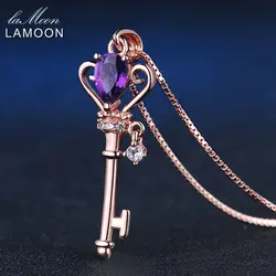 LAMOON Crown Key Pendant 925 Sterling Silver Necklace Jewelry 0.4ct Amethyst Gemstones Necklaces Rose Gold Plated Chain LMNI004