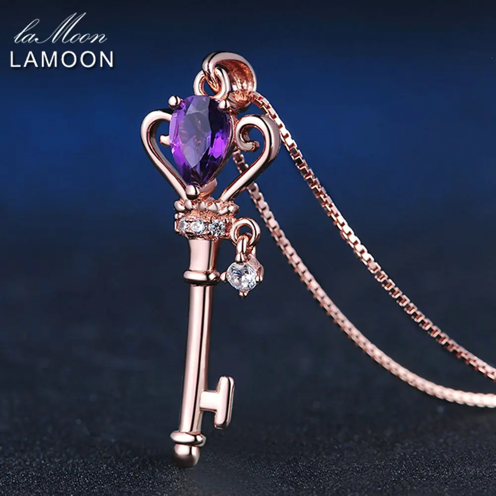 LAMOON korona klucz wisiorek 925 srebro naszyjnik biżuteria 0.4ct ametystowe kamienie szlachetne naszyjniki różany łańcuszek pozłacany LMNI004