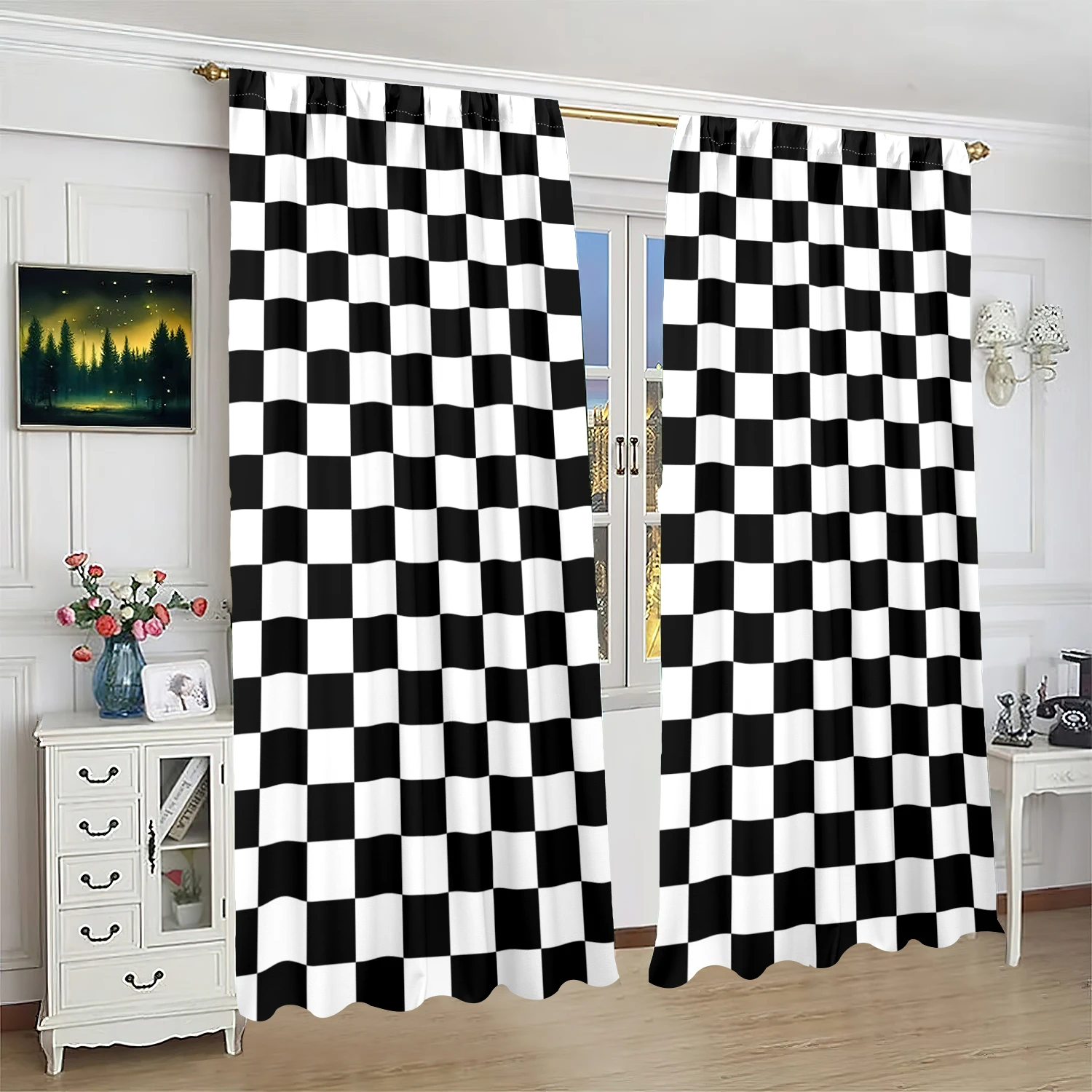 2 pieces - plaid - printed curtain - polyester material - for bedroom living room study anti-privacy curtain