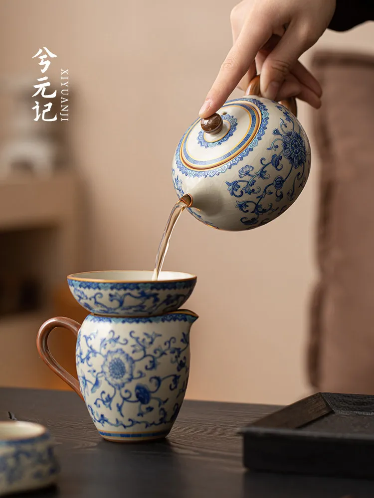 Blue and White Ru Ware Big Xi Shi Teapot Tea Making Single High-End Household Full Flower Enamel Color Set