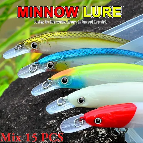 15PCS/Set Colorful Minnow Hard Lure with Treble Hooks Slow Sinking Crankbait for Trout