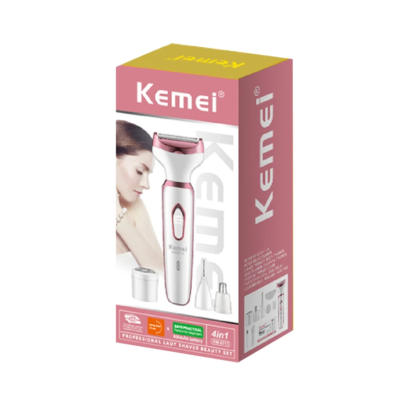 Kemei 6713 ماكينة حلاقة كهربائية/حواجب/شعر الشفاه/ماكينة تشذيب شعر الأنف للنساء 4in1 المحمولة الجسم بيكيني الشعر المتقلب إزالة شعر الوجه