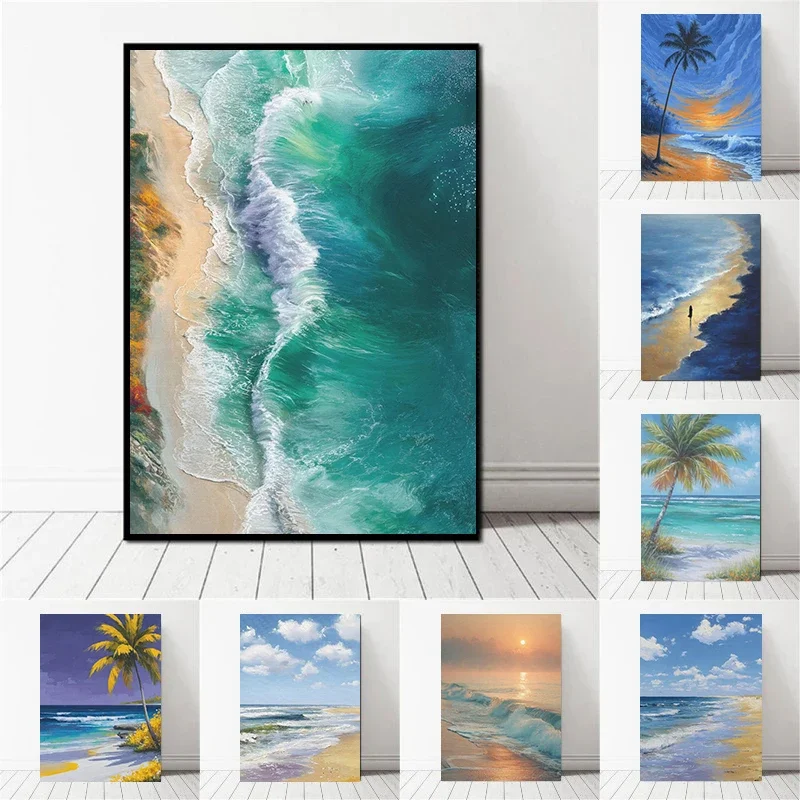 Abstract Retro Beach Palm Trees Turquoise Ocean Landscape Art Poster Canvas Printing Villa Homestay Room Wall Decor Painting