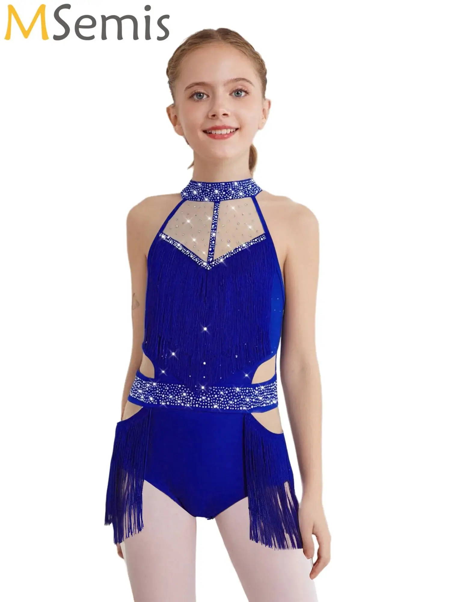 

Kids Girls Figure Skating Bodysuit Ballet Gymnastics Latin Dance Cha-Cha Performance Dancewear Rhinestone Tassel Skirted Leotard