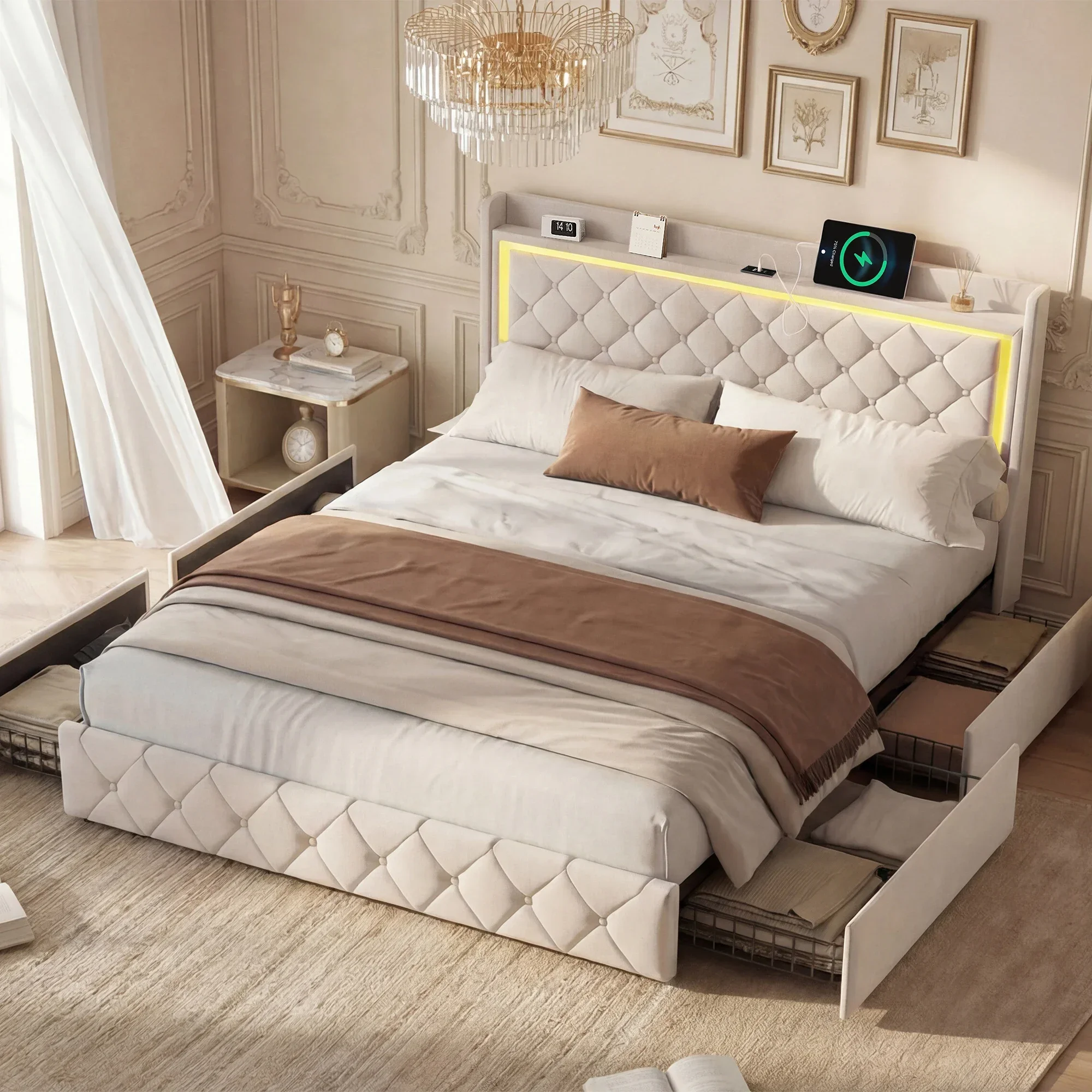 Letto imbottito, 90x200 cm/140x190 cm, con luci a LED e porta USB, vano contenitore aperto/chiuso, letto singolo, rete a doghe, senza materasso.