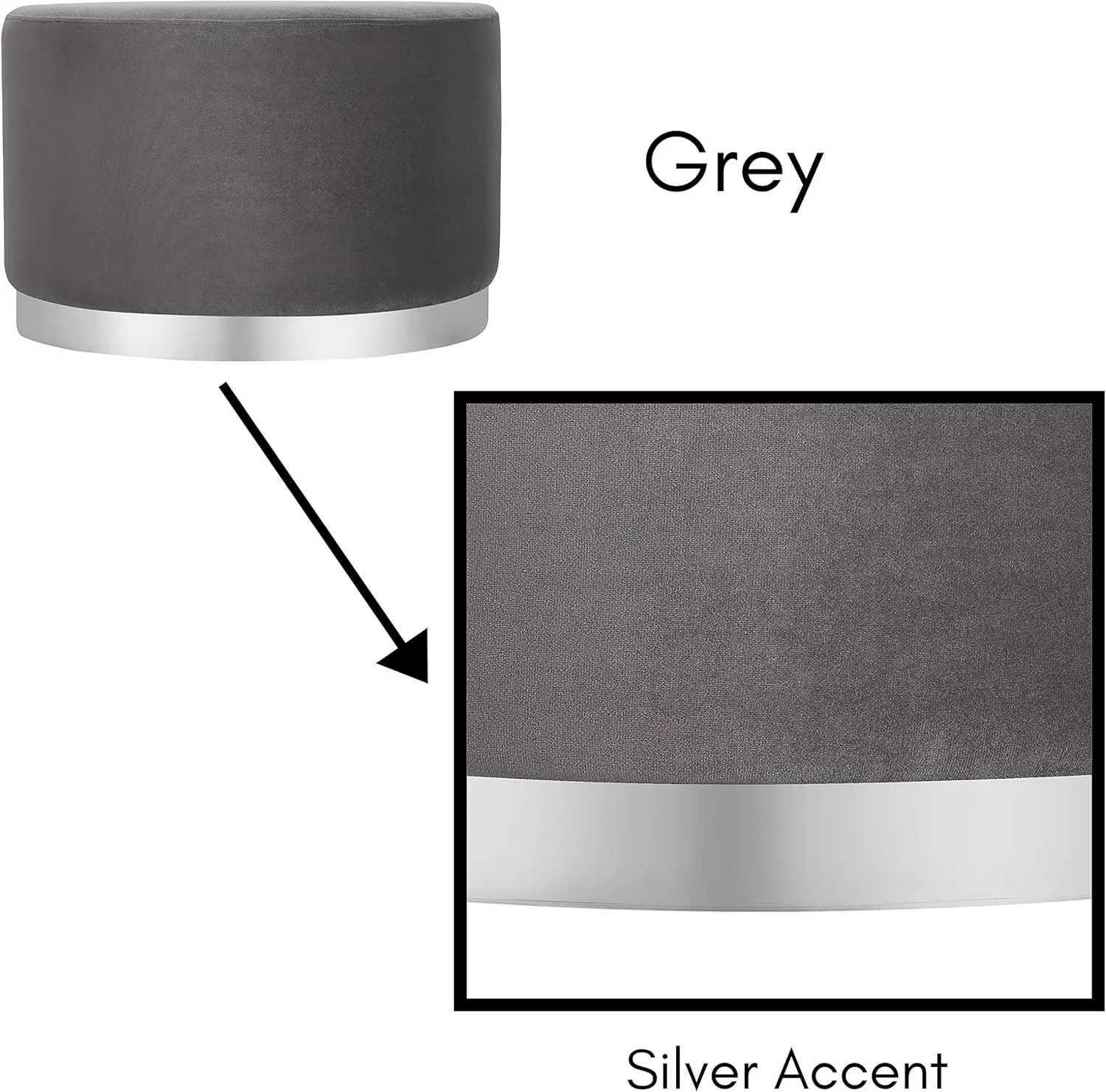 대형 원형 벨벳 오토만 푸프 - 실버 트림 - 거실, 침실, 사무실용 그레이 발받침