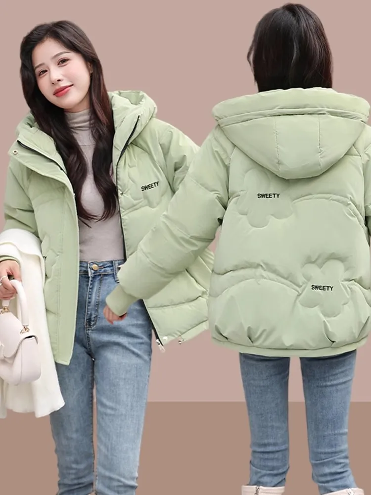 

Women's down Cotton Jaet 2026 Winter New Thiened Bread Sle ort een Versatile Hooded Korean Loose Fit Zipper Closure
