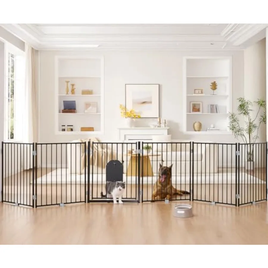 

No Pawblems Dog Gate with Cat Door Free Standing 30'' Tall Foldable Dog Fence for Indoor Outdoor Black 6 Panels Up to 156 Inch
