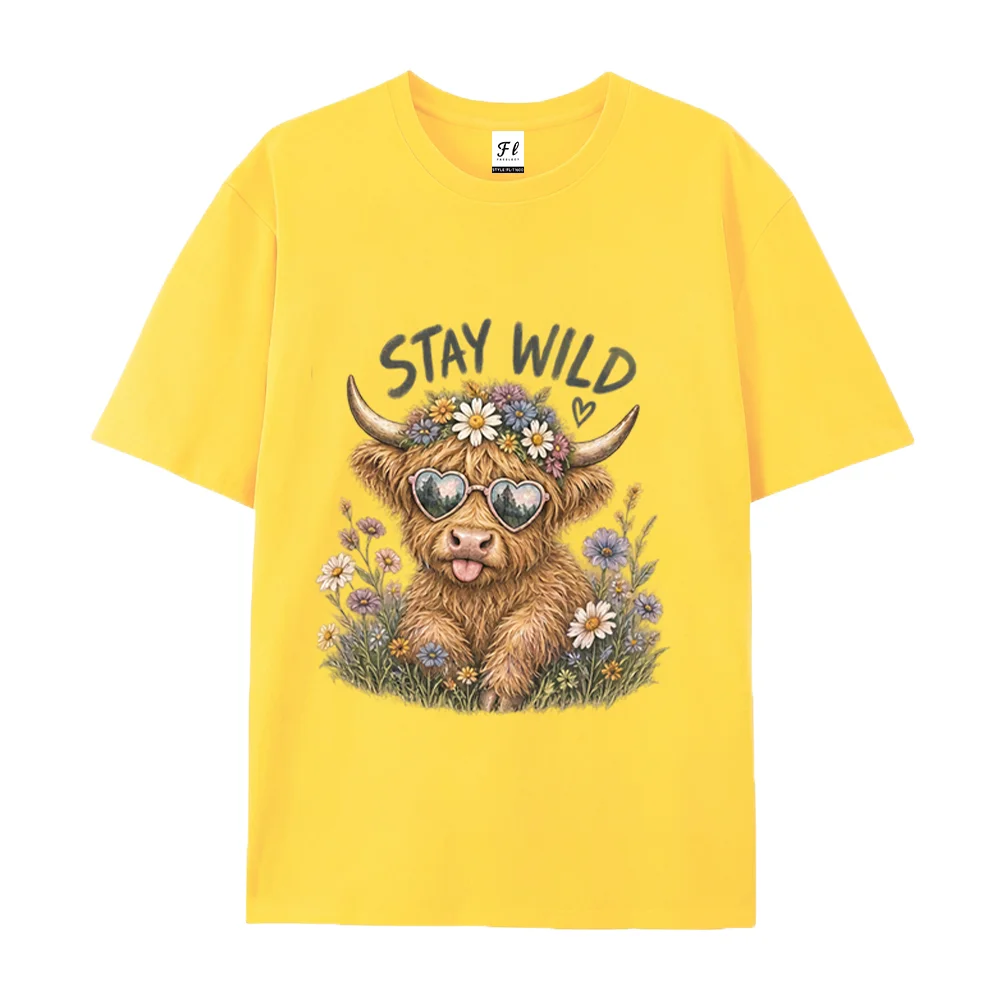Women T Shirt Cute Highland Cow Graphic Stay Wild Floral Heart Sunglasses Grey Short Sleeve Loose Cotton Tops