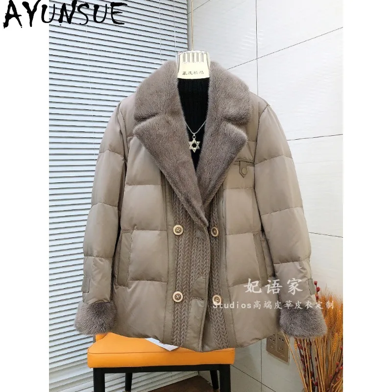 AYUNSUE Women's White Goose Down Jackets Spliced with Sheepskin Warm Mink Fur Collar Women Winter Coat Woman Clothes Пуховик
