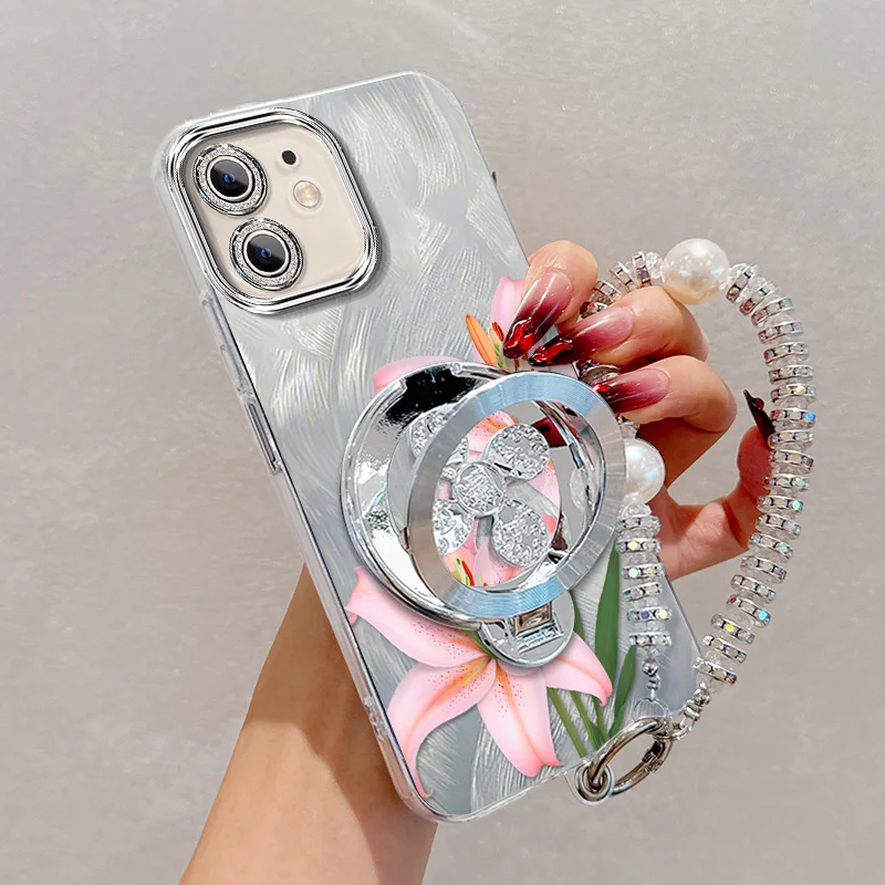 3pcs( Pink flowers Phone Case+Lanyard+Stand) For iPhone 12/12Pro/13 13Pro/13Promax/14/14Plus/12ProMax/14Pro Phone Case