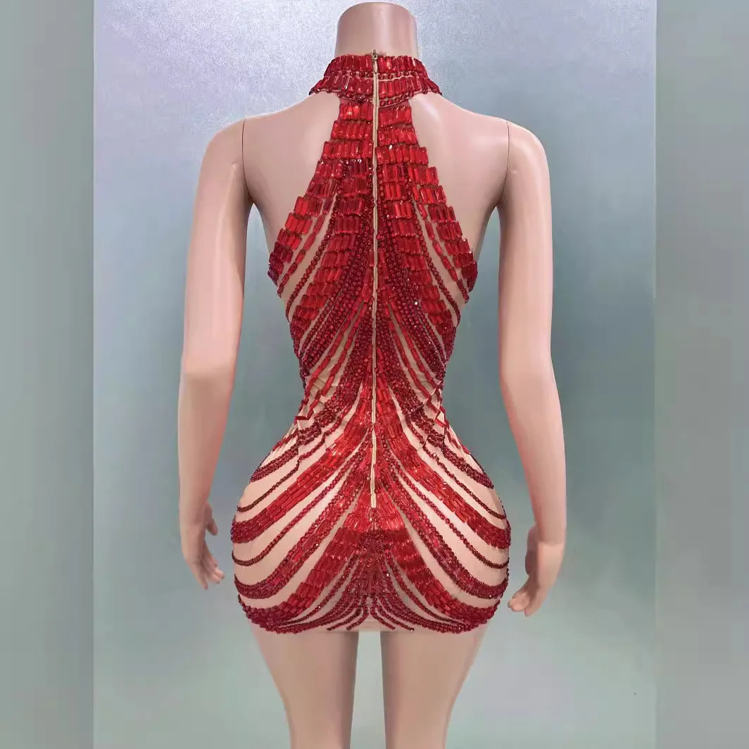 สีแดง Rhinestone เซ็กซี่ตาข่าย Off-the-ไหล่ชุดไนท์คลับวันเกิด Party แน่นอาหารค่ําชุดผู้หญิง Elegant Party ชุดลูกปัด
