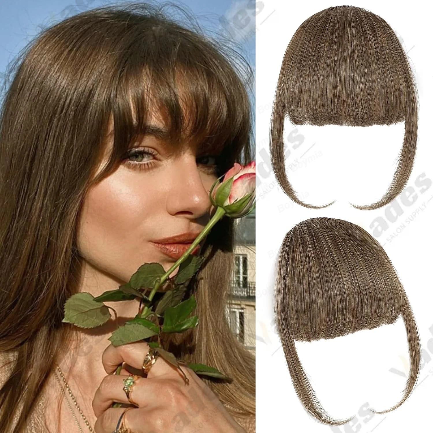 

Natural 3D Fake Blunt Air Bangs Hair Pieces Human Hair Bangs Clip in Hair Extension Non-Remy 3 Clips for Shows