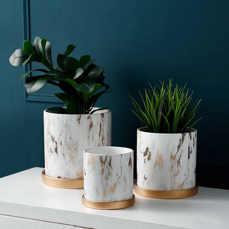 

Marbling Appearance Ceramic Flower Pot Succulent Planter Green Plants Pot Cylindrical Shape FlowerPot With Hole Golden Tray